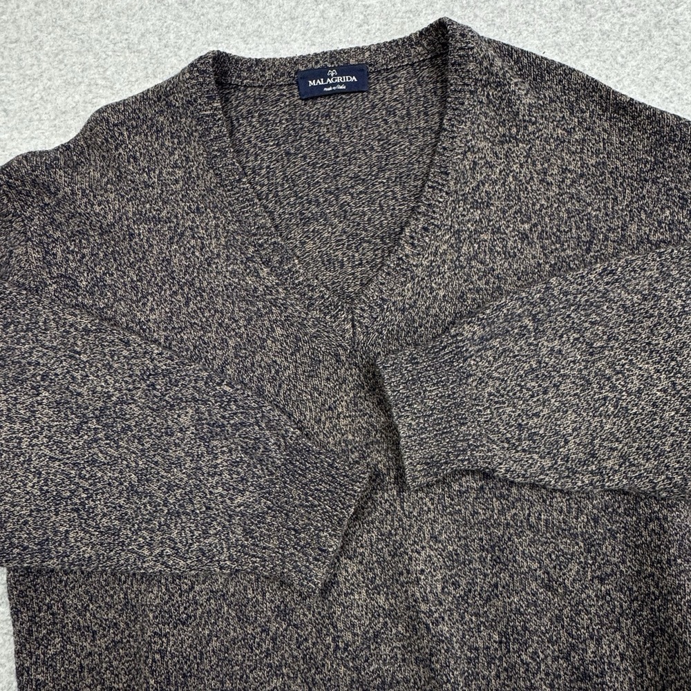 Malagrida Wool V Neck Sweater Mens Large Heathered‎ Blue Brown Made In Italy